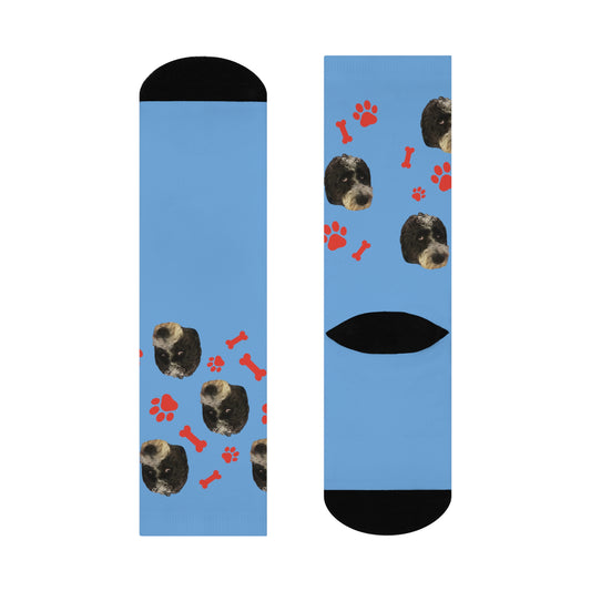 Custom Pet Face Portrait Crew Socks - Light Blue